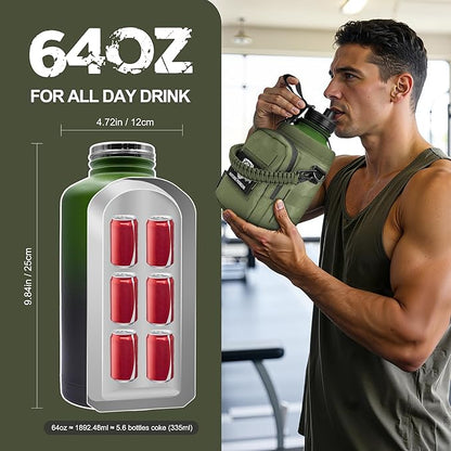 NATURE PIONEOR 64 oz Tactical Water Bottle Set, Stainless Steel Half Gallon Insulated Water Bottle with Tactical MOLLE Bottle Carrier Sleeve, for Outdoor Work, Gym, Hiking, Camping