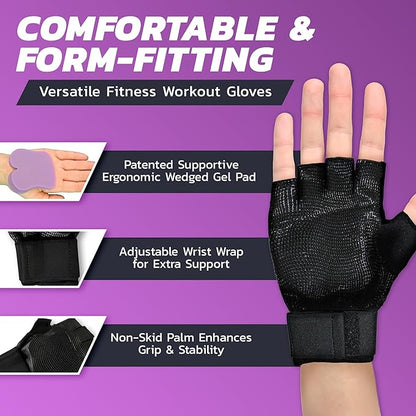 Wrist Support Gloves with Patented Ergonomic Gel Pad and Wrist Wrap for Women and Men's Workouts