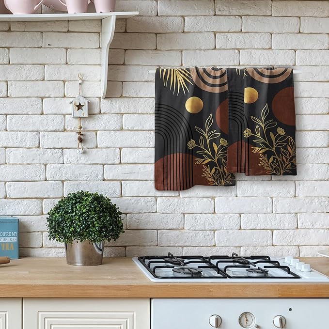 Black Boho Modern Kitchen Towels Set of 2 Abstract Mid Century Soft Absorbent Face Towels Retro Gold Leaves Tea Dish Towels Housewarming Gifts for New Home Bathroom Hotel 14"x28"
