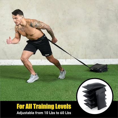 Elite Twin Sand Bag Sled Workout Sled – Waterproof Weight Sled Trainer with 6-Level 10–60 lb Resistance Pull System, Adjustable Waist Strap for Speed, Strength, Endurance & Agility Training