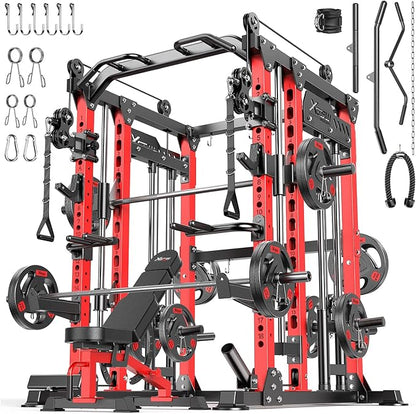 Smith Machine with Cable Crossover System, Multi-Function Power Cage Squat Rack for Home Gym, Power Rack and Packages Weight Sets.