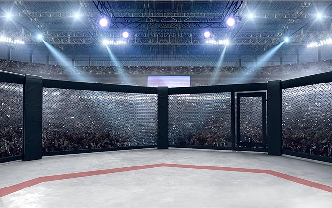 Boxing Ring Backdrop MMA Cage Arena with Spotlights Photography Backgrounds Round Empty Cage Boxing Ring Fighting Cage Backdrops Wrestling Arena Fans Shining Spotlights Decorations Props 20x10ft