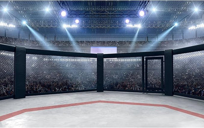 Boxing Ring Backdrop MMA Cage Arena with Spotlights Photography Backgrounds Round Empty Cage Boxing Ring Fighting Cage Backdrops Wrestling Arena Fans Shining Spotlights Decorations Props 20x10ft