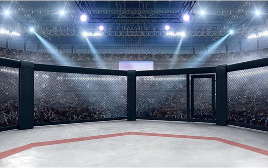 Boxing Ring Backdrop MMA Cage Arena with Spotlights Photography Backgrounds Round Empty Cage Boxing Ring Fighting Cage Backdrops Wrestling Arena Fans Shining Spotlights Decorations Props 20x10ft