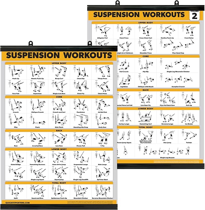 Palace Learning 2 Pack Suspension Workout Posters - Volume 1 & 2 - LAMINATED WITH PLASTIC FRAME Exercise Charts - 18" x 24" Vol. 1 & 2