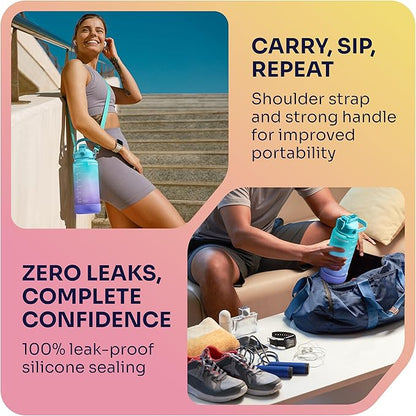 1/2 Gallon Water Bottle with 74.3 oz Capacity - Motivational Time Markers for Daily Hydration Goals - Leakproof BPA Free Tritan with Removable Straw