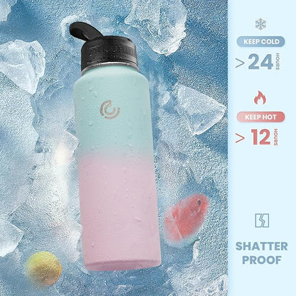COKTIK 40oz Sports Water Bottle, Stainless Steel Water Bottle for Insulated, Reusable Travel Bottle, With Straw, With Handle Grip for Easy Carrying, Suitable for Cycling, Outdoor Vacations(Bubble Gum)