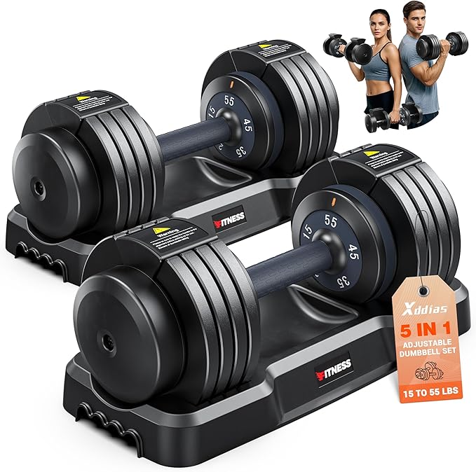 XDDIAS Adjustable Dumbbell Set of 2, 25/55/80/90LB Dumbbell Set- 1-Hand Fast Adjustment with Anti-Slip Handle, Compact Free Weights Dumbbells Set for Men/Women Home Gym Strength Training Equipment