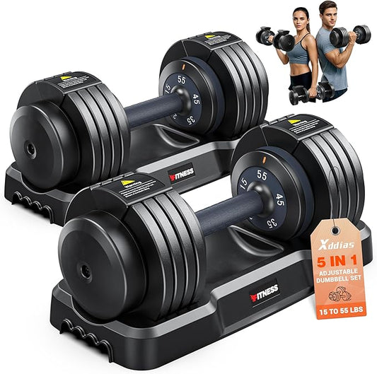 XDDIAS Adjustable Dumbbell Set of 2, 25/55/80/90LB Dumbbell Set- 1-Hand Fast Adjustment with Anti-Slip Handle, Compact Free Weights Dumbbells Set for Men/Women Home Gym Strength Training Equipment