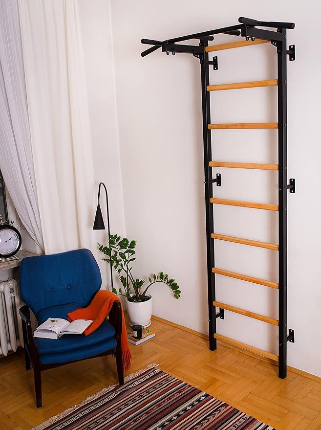 Wooden Swedish Ladder Wall Stall Bar - Indoor Chin Up Bar Workout Equipment for Home Exercise, Physical Therapy, Gymnastics, Fitness