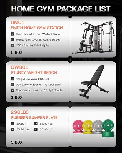DM01 Dual-Station Smith Machine Home Gym, 140LB Weight Stack with LAT Pull-Down & Leg Press, All-in-One Workout Station for Couples & Family Strength Training