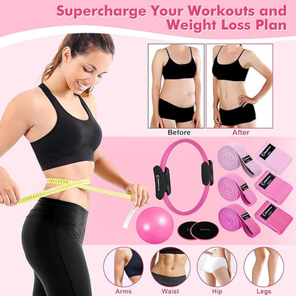 Pilates Ring Set Exercise Equipment, with Exercise Resistance Bands Set, Pilates Ball, Sliding Disks. Portable Home Gym - with Fitness Guide Poster