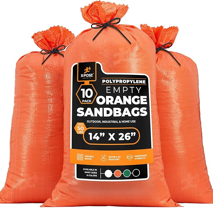 Xpose Safety Heavy Duty Sand Bags with Tie Strings – Empty Woven Polypropylene Sandbags for Hurricane Flood Protection, 50 lb Capacity, 14" x 26", Orange, Pack of 10