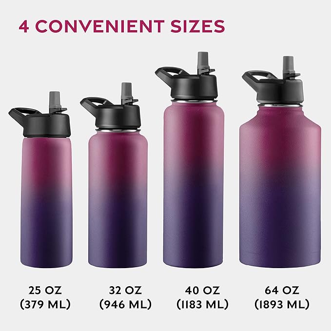 FineDine Water Bottle - Stainless Steel Insulated Water Bottle with Straw Lid, Flip Lid & Wide-Mouth Cap - Keeps Hot and Cold - 32 Oz / 946ml - Dreamy Purple