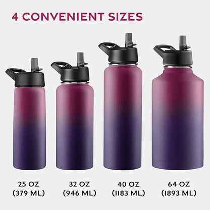 FineDine Water Bottle - Stainless Steel Insulated Water Bottle with Straw Lid, Flip Lid & Wide-Mouth Cap - Keeps Hot and Cold - 32 Oz / 946ml - Dreamy Purple