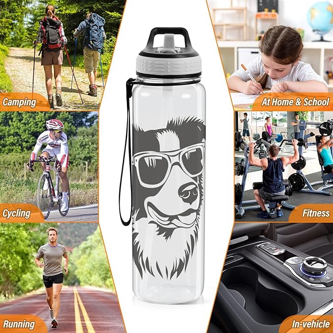 Fustylead Black and White Hipster Collie Dog Wear Glasses 32oz BPA Free Water Bottles, Leakproof Tritan Sport Water Bottle with Straw for Gym Fitness Running