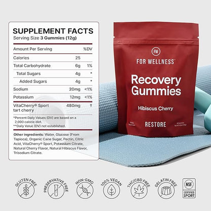 Recovery Gummies Restore - Tart Cherry Gummies for Muscle Recovery - Hibiscus Cherry Flavor with Antioxidants & Electrolytes Combats Soreness, Boosts Energy - Vegan, Non-GMO, Gluten-Free - 90ct