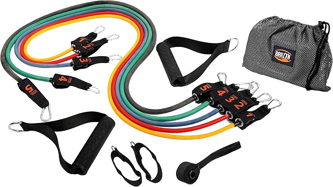 Brazyn Resistance Bands Kit with Handles 12-Piece Band Set with Travel Pouch, Guide, Ankle Straps & Door Anchor - for Workouts Gym Strength Training Bungee Yoga Pilates Physical Therapy - 150lbs