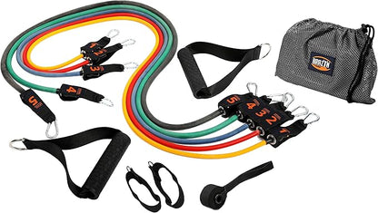 Brazyn Resistance Bands Kit with Handles 12-Piece Band Set with Travel Pouch, Guide, Ankle Straps & Door Anchor - for Workouts Gym Strength Training Bungee Yoga Pilates Physical Therapy - 150lbs