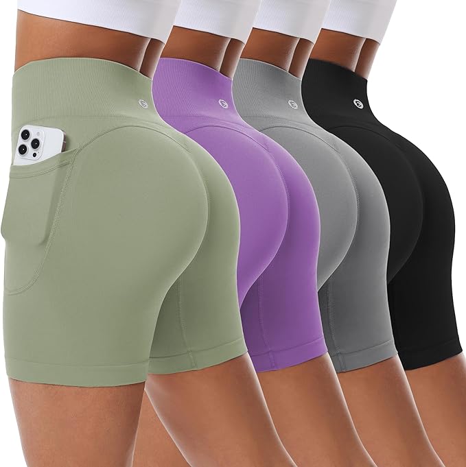 Evercute Women's Gym Shorts 3/4 Pack Seamless Scrunch Butt Lifting Workout Shorts 5" Tummy Control Ruched Booty Yoga Short