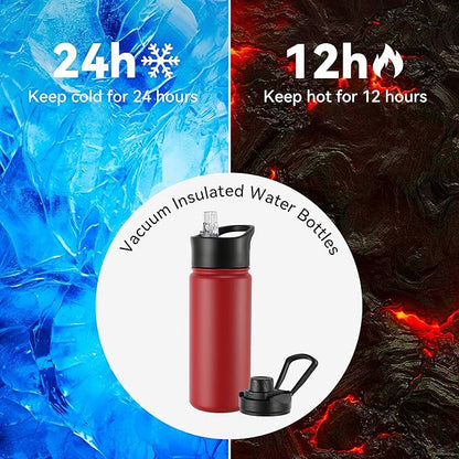 16 oz Insulated Water Bottle with Straw Lids, Stainless Steel Kids Water Bottles for School, Double Wall Vacuum Metal Water Bottle with Straw & Wide Mouth Lid, Red 1 Pack