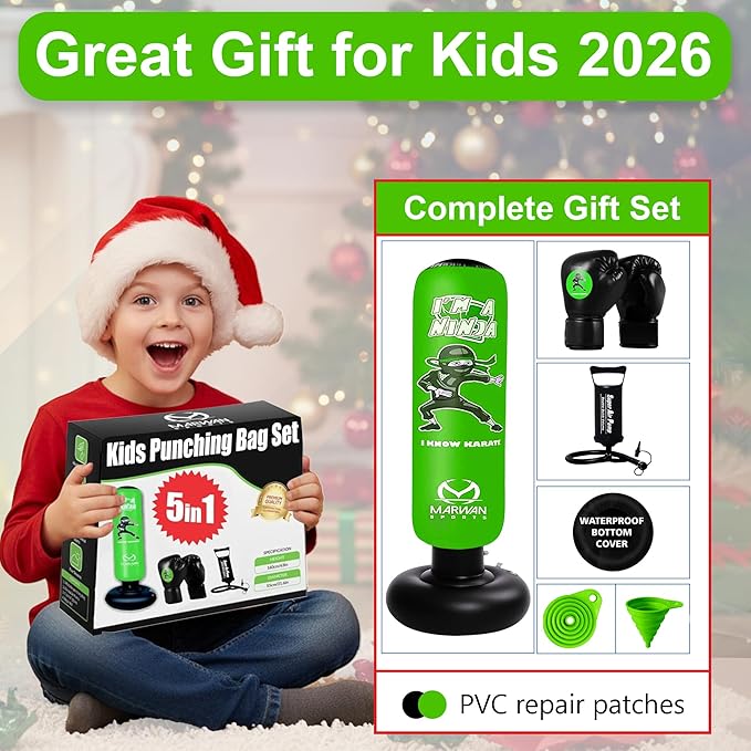 Marwan Sports Punching Bag for Kids with Boxing Gloves Ages 4-12 – 63" Inflatable Boxing Bag for Kids, Fast Rebound Set, Christmas & Birthday Gift for Boys & Girls