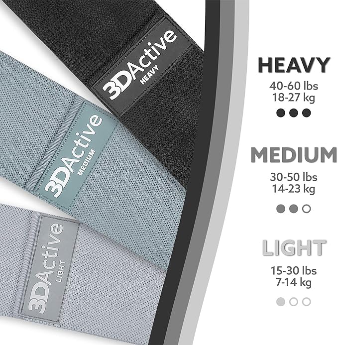 3DActive Fabric Resistance Bands for Legs & Butt. Wide Non-Slip Hip Band Set for Home & Gym Workouts. Exercise Guide & Carry Bag Included.