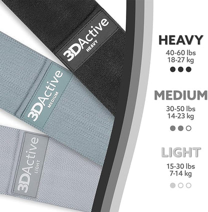 3DActive Fabric Resistance Bands for Legs & Butt. Wide Non-Slip Hip Band Set for Home & Gym Workouts. Exercise Guide & Carry Bag Included.