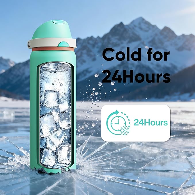 Insulated Water Bottle with Straw - Encool Stainless Steel Water Bottle with Push Button Lid, Leak-Proof & BPA-Free, Keeps Cold for 24 Hours for Sports, Travel, Gym (32 oz, Turquoise)