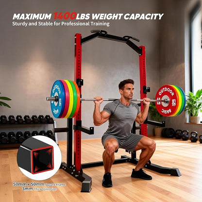 Outdoor Basic Power Cage Squat Rack with Pull-Up Bar & Dip Station, 2400LB Capacity, Multi-Functional Home Gym Rack for Weightlifting, Strength Training, Bench Press