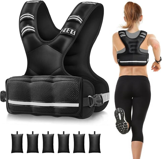 HEETA Adjustable Weighted Vest for Women Men, 4-10lbs/10-18lbs/20-32lbs Body Weight Vest Exercise Set with 6 Ironsand Weights & Reflective Strips for Walking Running Workout Cardio Strength Training