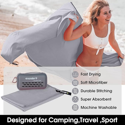 4Monster Quick Dry Travel Towel with Case & Carabiner – Super Absorbent Microfiber Gym & Camping Towel. Compact, Lightweight, Fast Drying for Beach, Swimming, Hiking, Backpacking