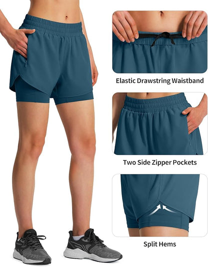 Ksmien Women's 2 in 1 Running Shorts Quick Dry Athletic Gym Workout Shorts with Liner Phone Pockets