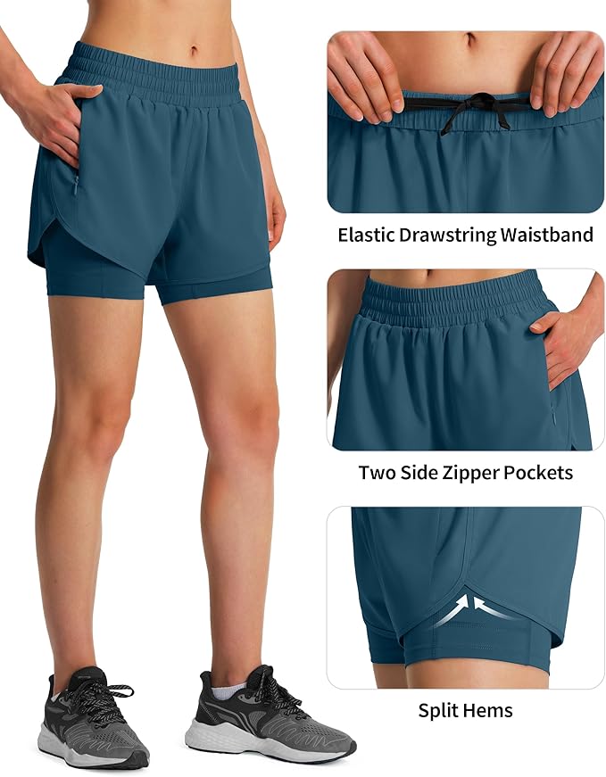 Ksmien Women's 2 in 1 Running Shorts Quick Dry Athletic Gym Workout Shorts with Liner Phone Pockets