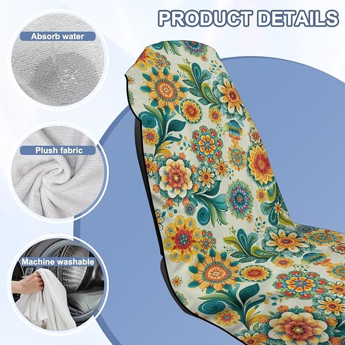 Bulopur Boho Floral Beach Towel Car Seat Bucket Terry Cloth Seat Covers Blanket Absorbent Soft Fabric Blue Sweatproof Beach Yoga Towels Car Decor Accessories