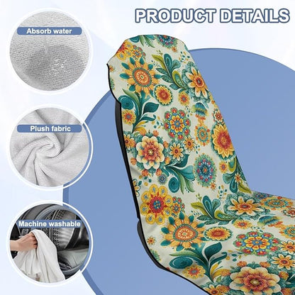 Bulopur Boho Floral Beach Towel Car Seat Bucket Terry Cloth Seat Covers Blanket Absorbent Soft Fabric Blue Sweatproof Beach Yoga Towels Car Decor Accessories