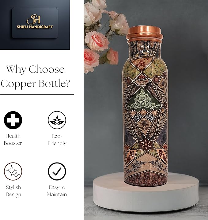 Copper Water Bottle 34 Oz Large Copper Water Bottle For Drinking 100% Pure Ayurvedic Multicolor Vessel For Leak-Proof Lid Bottle for Yoga, Gym, Office, Home & Travel