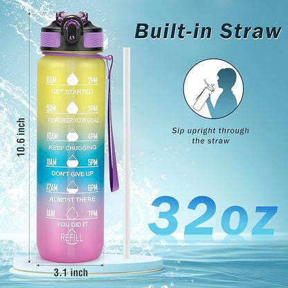 Motivational Water Bottle with Time Marker - 32oz, Leak-proof BPA Free Sports Water Bottles with Straw & Carrying Strap