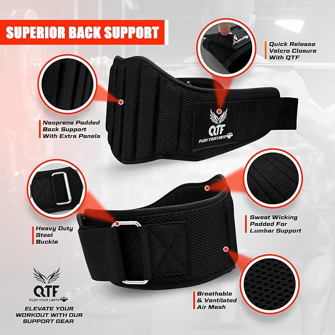 QTF Fitness Neoprene Weight Lifting Belt - Adjustable 6" Gym Support for Stability & Lumbar Support - Sweat Resistant Weightlifting Belt for Men & Women for Squats, Deadlifts & Bench Presses