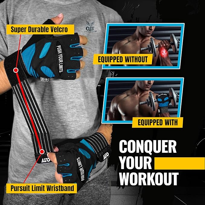 QTF Weight Lifting Gym Workout Gloves with Long Wrist Strap, Fingerless Gym Gloves for Men & Women, Full Palm Protection, for Weightlifting, Training, Fitness, Hanging