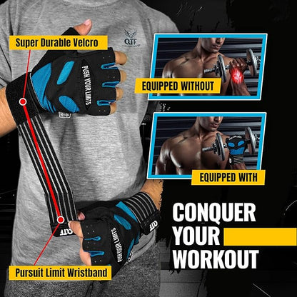 QTF Weight Lifting Gym Workout Gloves with Long Wrist Strap, Fingerless Gym Gloves for Men & Women, Full Palm Protection, for Weightlifting, Training, Fitness, Hanging