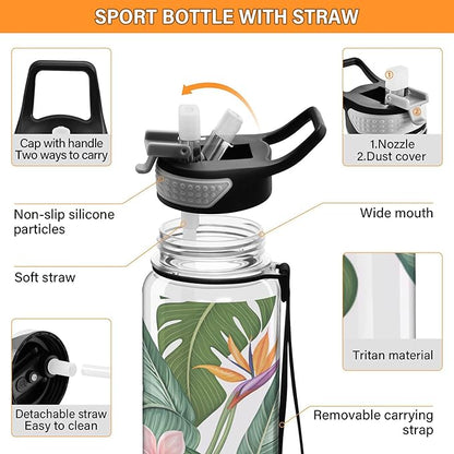 Burbuja Hawaiian Floral Palm Leaf 32 oz Water Bottle with Straw Lid, Leakproof & BPA Free Tritan Bottle for Gym Fitness Outdoor Sports