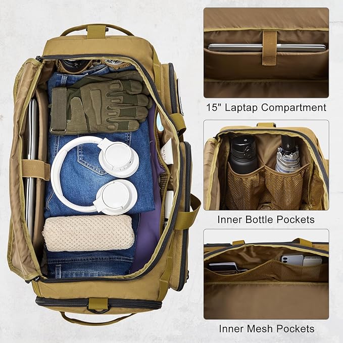 G4Free 3-in-1 Travel Duffle Bag for Men and Women, 50L Large Gym Sports Bags Tactical Military Duffle Backpack with Shoes Compartment and Wet Pocket (Khaki)