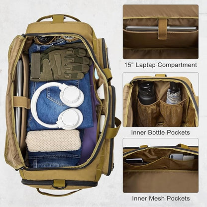 G4Free 3-in-1 Travel Duffle Bag for Men and Women, 50L Large Gym Sports Bags Tactical Military Duffle Backpack with Shoes Compartment and Wet Pocket (Khaki)