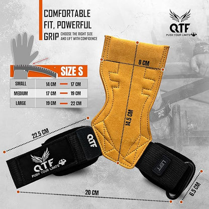 QTF Weight Lifting Grips (Pair) for Heavy Powerlifting, Wrist Straps for Deadlifts, Rows, Pull Ups, with Neoprene Padded Wrist Wraps Support and Strong Rubber Gloves or Straps for Bodybuilding.