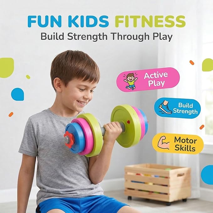 Kids Workout Dumbbell Weights Set - Toddler Toy Gym Equipment for Pretend Play Lifting, Exercise & Fitness - Adjustable Fill with Sand or Water