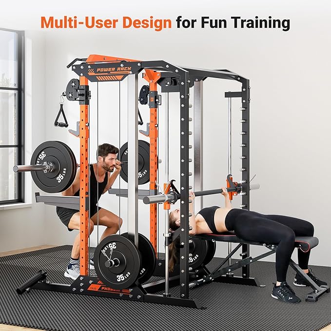 YOLEO Smith Machine & Squat Rack Combo, Multi-Functional Power Racks with Adjustable Width & Pull-Up Bar, Cable Crossover Power Cage, Independent Dual-Pulley System for Home Gym Garage Basement
