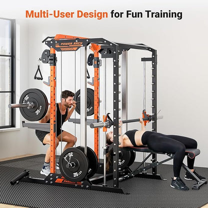 YOLEO Smith Machine & Squat Rack Combo, Multi-Functional Power Racks with Adjustable Width & Pull-Up Bar, Cable Crossover Power Cage, Independent Dual-Pulley System for Home Gym Garage Basement