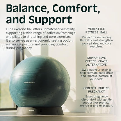 Retrospec Luna Exercise Ball with Pump - Anti-Burst Fitness Equipment for Yoga, Core Training & Stability - Home Gym Swiss Ball for Office & Pregnancy
