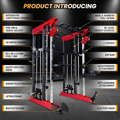 Power Cage SmithMachine - 3600 LBS Light Commercial Grade Squat Rack with Cable Crossover, All-in-One Power Rack with Weight Rack for Home Gym Equipment